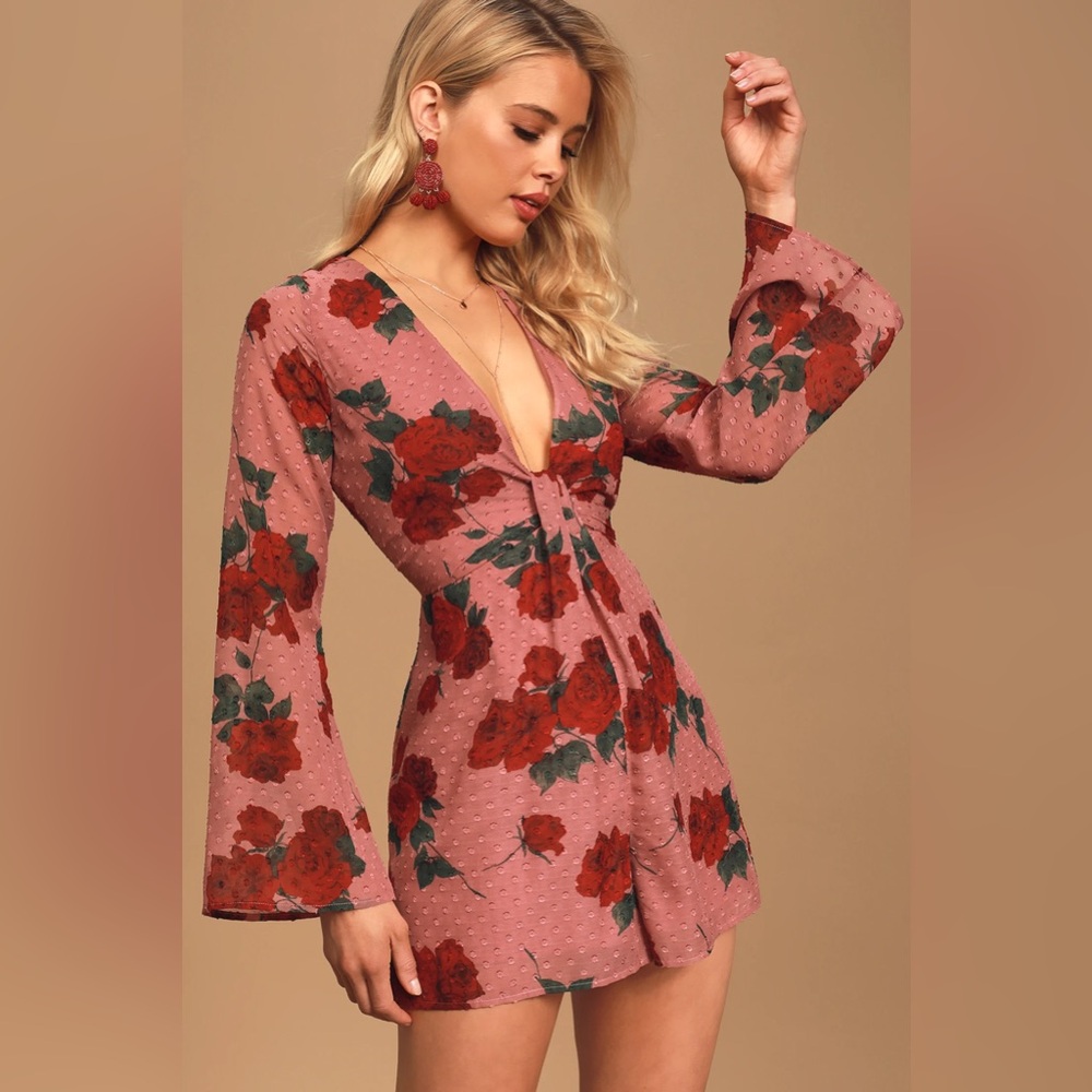 Lulus Eye-Catching Moment Mauve Floral Print Long Sleeve Romper rose valentines